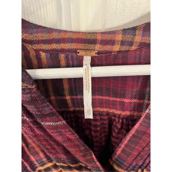 Free People Come On Over Burgundy & Gold Plaid Swing Flannel Over Sized Button D - Picture 7 of 10